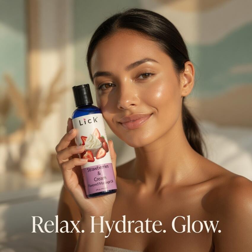 LICK GOODS’ STRAWBERRIES AND CREAM FLAVORED MASSAGE OIL DELIVERS DECADENT DATE-NIGHT BLISS – KISSABLE, WARMING, AND SKIN-NOURISHING SENSUALITY