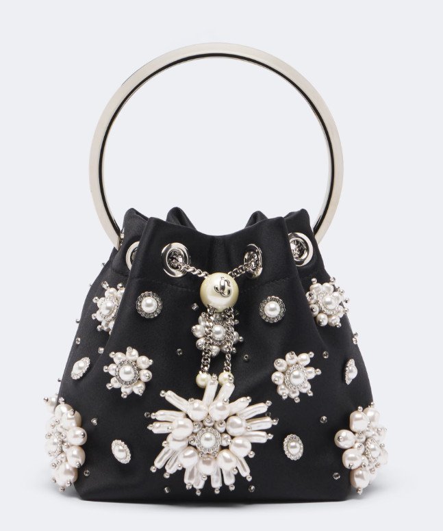 BON BON EMBELLISHED SATIN BUCKET BAG BY JIMMY CHOO
