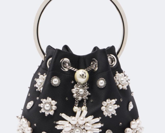 BON BON EMBELLISHED SATIN BUCKET BAG BY JIMMY CHOO